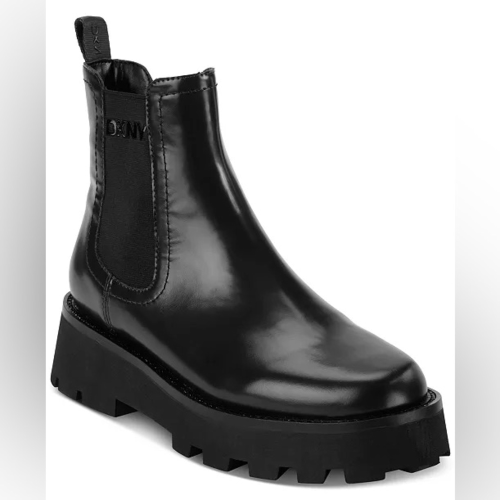 DKNY Senni Glossy Black Lug Sole Platform Chelsea Boots Sz 8 & 9.5 BNWB